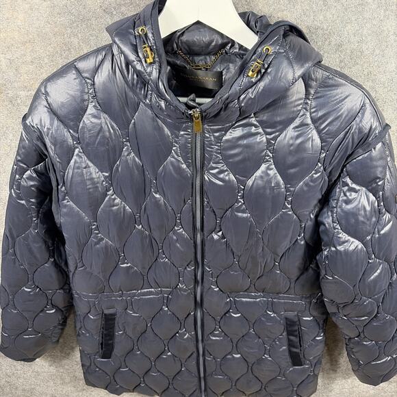 Women’s Donna Karan $350 Hooded Zip Front Quilted Navy Blue Jacket Size Medium - Picture 2 of 13